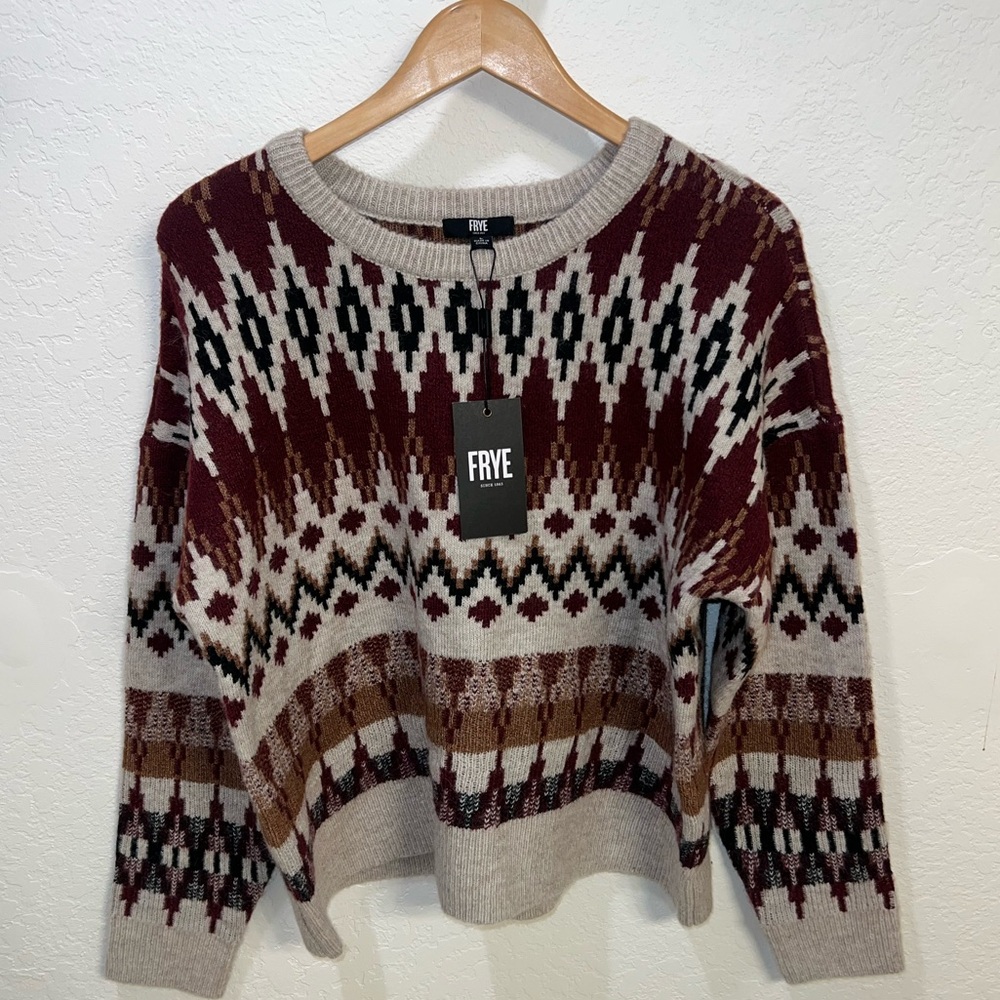 FRYE Burgundy, Cream & Brown Patterned Crewneck Sweater